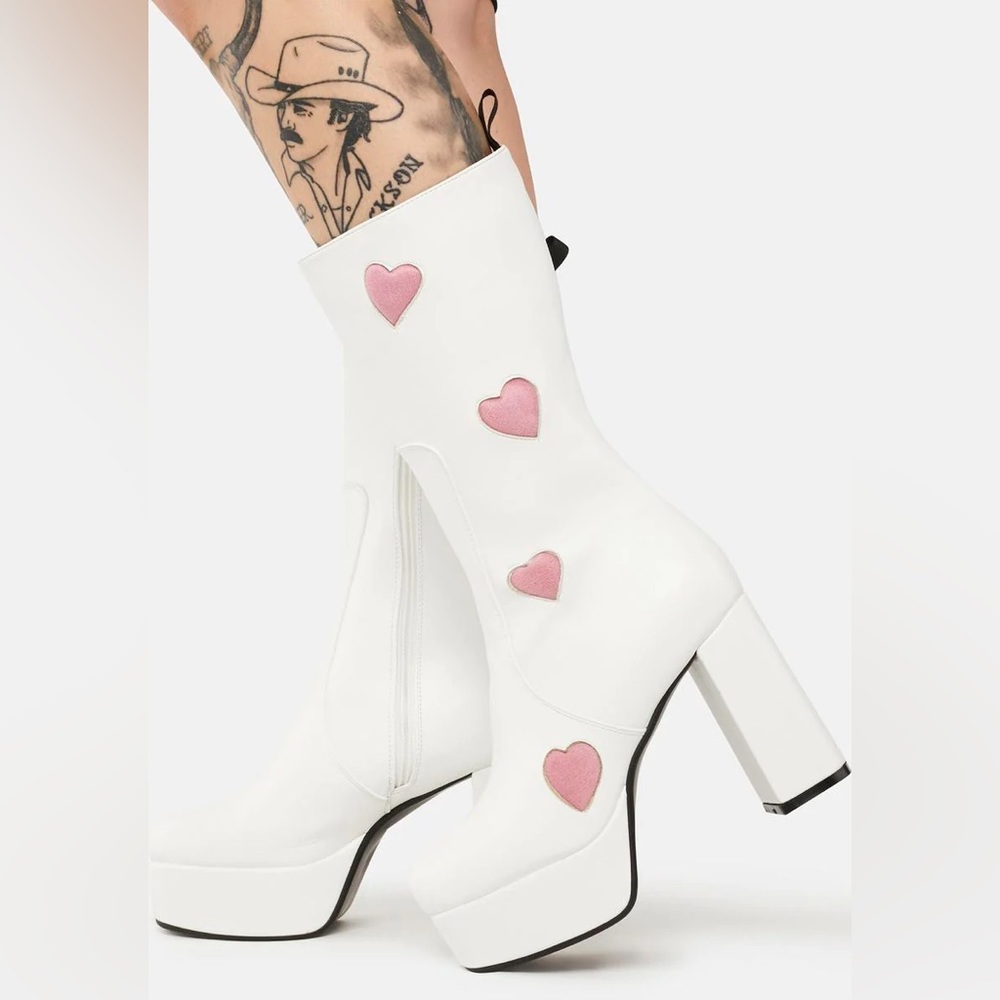 Lamoda Wide Calf Game Of Love Platform Boots Size 7 White with Pink Hearts